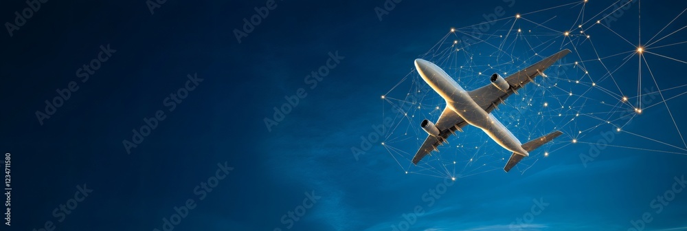 Poster airplane soaring through the sky, integrated into a network of nodes, symbolizing global connectivit