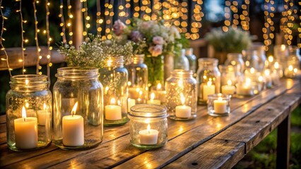 Softly lit candles and fairy lights in glass jars, arranged on a wooden table, creating a warm and romantic wedding ambiance.