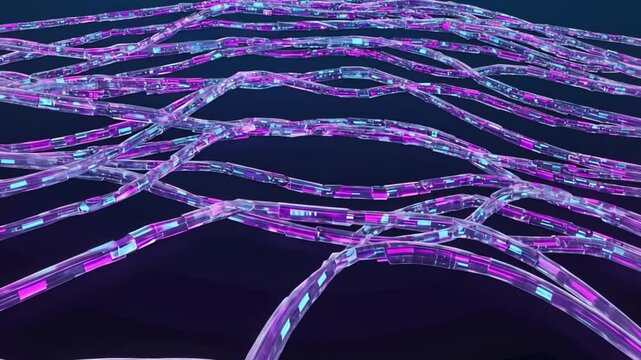 grid of abstract digital wires transmitting encrypted binary data. The animation should focus on the data&rsquo;s movement through the cables