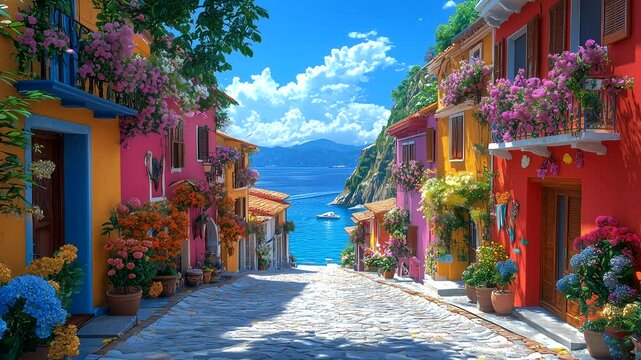 A picturesque coastal street lined with colorful houses and vibrant flowers overlooking the sea. seamless looping 4k time-lapse animation video background