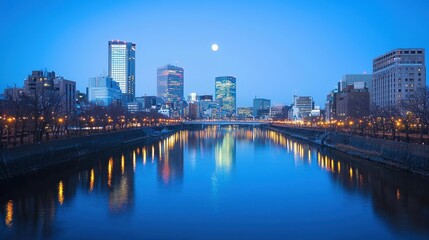 Beautiful City Skyline Reflected in Calm River