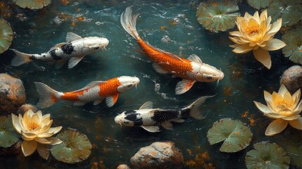 Koi fish swim in pond with lilies; zen garden background; peaceful scene; ideal for relaxation and meditation