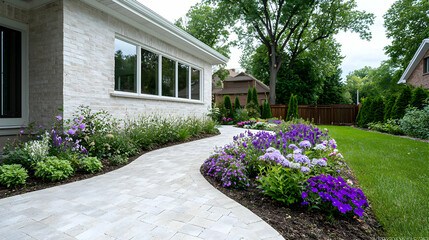 Naklejka premium Curving garden path, flowers, house, backyard