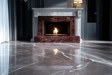 An opulent living space featuring a central fireplace encased in deep red marble, with luxurious veining running through it. The floor, in contrast, is a soft grey marble with lighter veining
