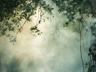 Enchanted Forest Gathering Concept. Misty forest scene with soft light filtering through leaves, creating an ethereal atmosphere.