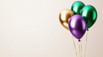 A bunch of gold, green and purple balloons on a light - colored background.
