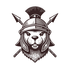 warrior beaver wearing a gladiator helmet with crossed spears sketch © Satoru Sketches