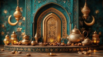 Ramadan feast dates, tea, lanterns, ornate arch