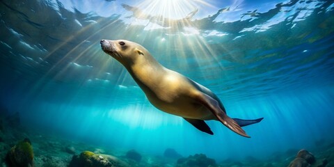 Graceful Sea Lion Swimming Under Sunlit Water Surface