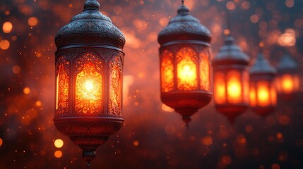 Glowing Ramadan lanterns, night celebration, bokeh background, festive greeting