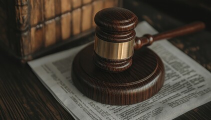 A wooden gavel on top of a stack of papers, stock photo.