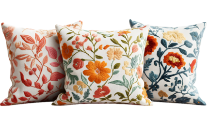 Set of decorative cushions with embroidered floral on white or transparent background