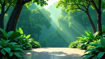 Obraz premium Serene Forest Pathway Sunlit Canopy and Lush Tropical Foliage Create Tranquil Escape