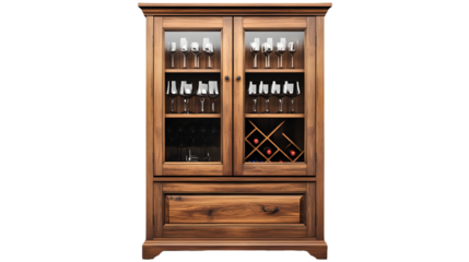 wooden bar cabinet with glass doors white or transparent background
