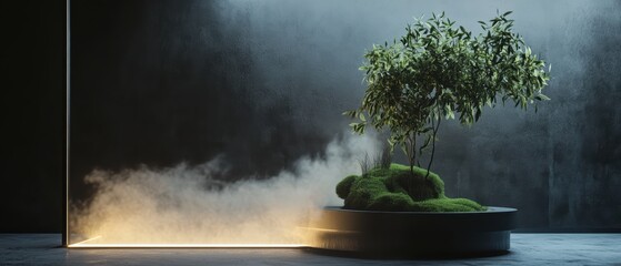 Enchanted Forest Gathering Concept. A serene indoor scene featuring a lush green plant surrounded by soft fog against a minimalist background.