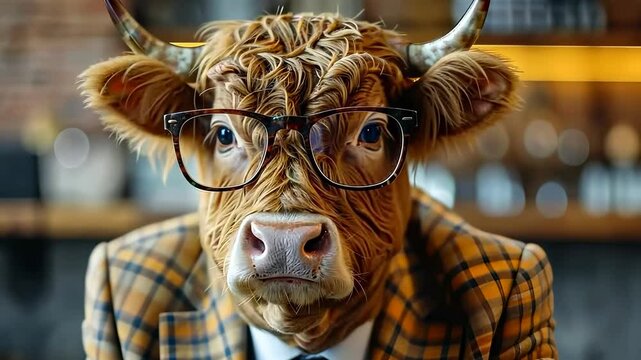 Cow Wearing Glasses and Plaid Suit in a Humorous Portrait
