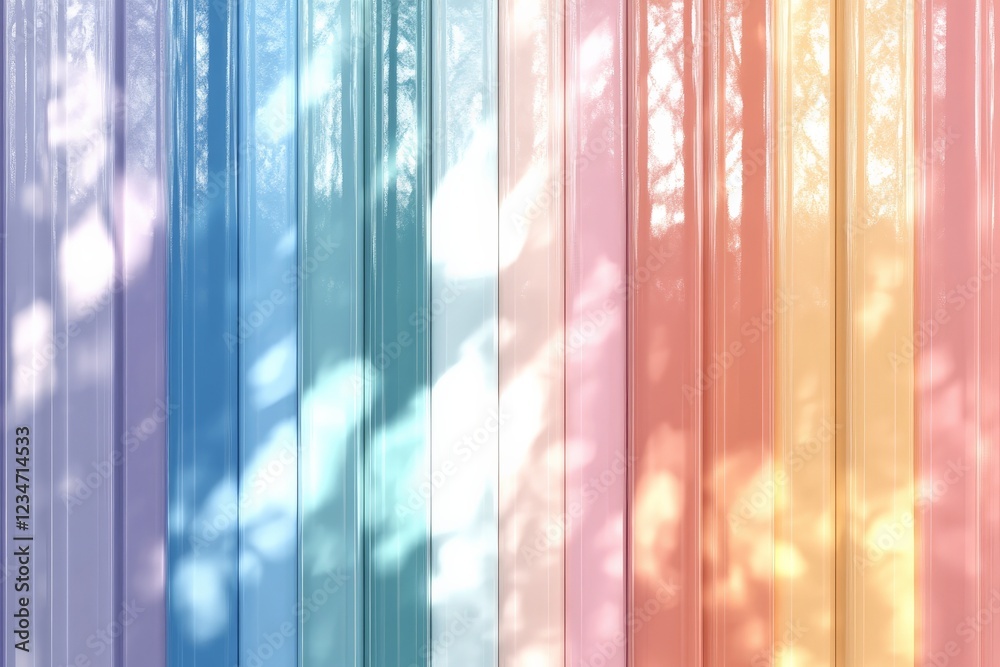Poster colorful vertical panels display soft shadows from a nearby tree, creating a serene outdoor atmosphe