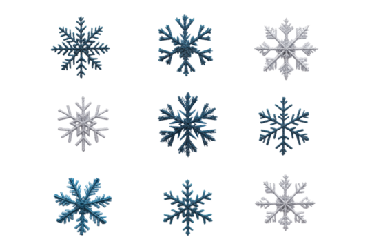 Set of different snowflakes isolated on PNG transparent background. Macro photo of real snow crystals. Generative AI	