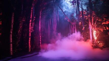 Obraz premium Enchanted Forest Gathering Concept. A mysterious forest scene illuminated by colorful lights and fog, creating an enchanting and surreal atmosphere.