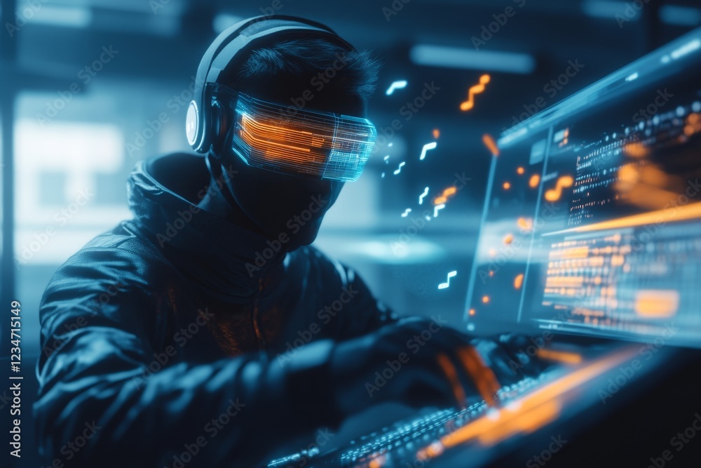 Poster a 3d-rendered image of a musician playing a futuristic instrument, with holographic notes floating i