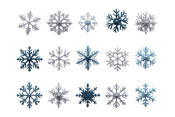 Set of different snowflakes isolated on PNG transparent background. Macro photo of real snow crystals. Generative AI	