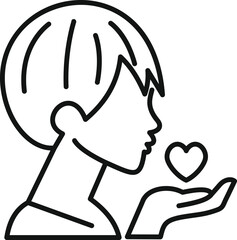 Line art drawing of a woman blowing a kiss, with a heart shaped icon floating above her hand, symbolizing love and affection