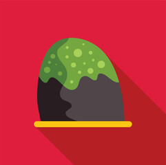 Round grey stone covered with a dripping bright green substance on a yellow tray, simple flat design