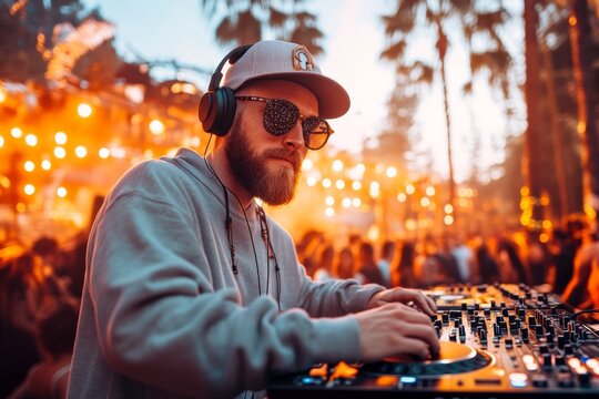 A DJ mixing tracks at a music festival, with colorful lights and a lively crowd dancing to the beats