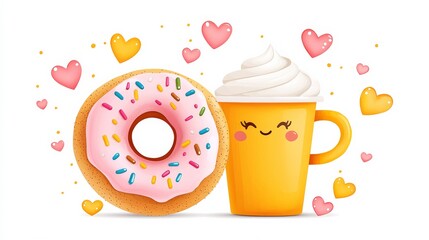 Whimsical kitchen cheerful coffee & donuts digital illustration