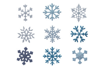 Set of different snowflakes isolated on PNG transparent background. Macro photo of real snow crystals. Generative AI	