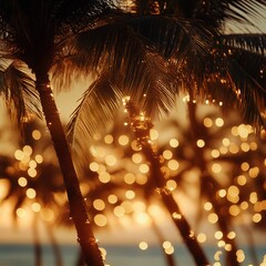 Sunset glow through palm trees adorned with fairy lights at a beach location © Володимир Дубецький