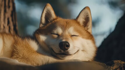 A tranquil, close-up image of a sleeping fox with a soft, fur coat, radiating peace amidst a natural background.