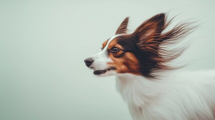 A close-up of a dog with flowing ears, showcasing its profile against a soft background, conveying a sense of motion and playfulness.