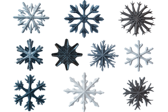 Set of different snowflakes isolated on PNG transparent background. Macro photo of real snow crystals. Generative AI	
