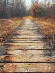 Fototapeta premium Wooden path leads to forest with fall trees, foggy use for background