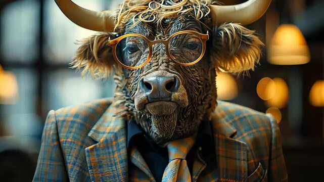 Stylish Cow Wearing Glasses and Plaid Suit in a Humorous Portrait
