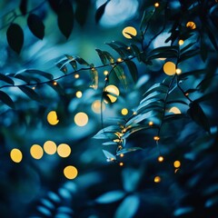 Nighttime garden filled with glowing fairy lights among lush green foliage in a serene outdoor...