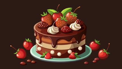 Chocolate cake with with berries, strawberries and cherries. cake on a dark brown background. copy space