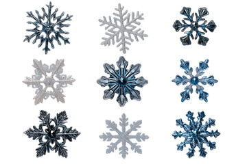 Set of different snowflakes isolated on PNG transparent background. Macro photo of real snow crystals. Generative AI	