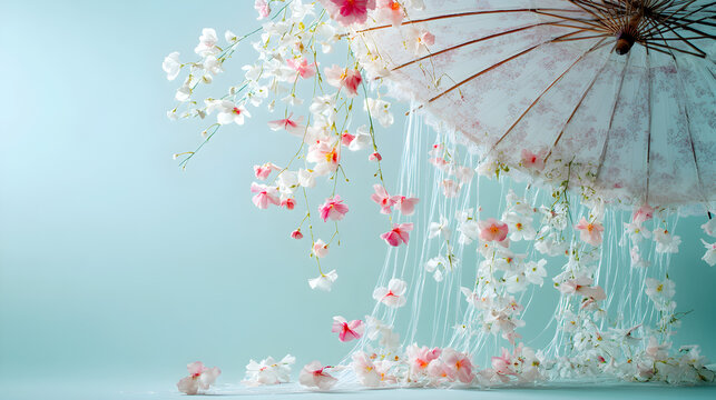 un paraguas con guirnaldas y tiras de flores colores pastel hermosas y estilo romantico sobre un fondo azul claro con espacio de copia