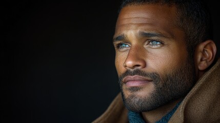 Fototapeta premium A man gazes thoughtfully into the distance, wrapped in a warm coat
