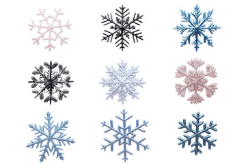 Fototapeta premium Set of different snowflakes isolated on PNG transparent background. Macro photo of real snow crystals. Generative AI 