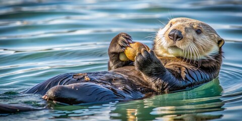 Playful Sea Otter Floating on Water Surface Holding a Shellfish
