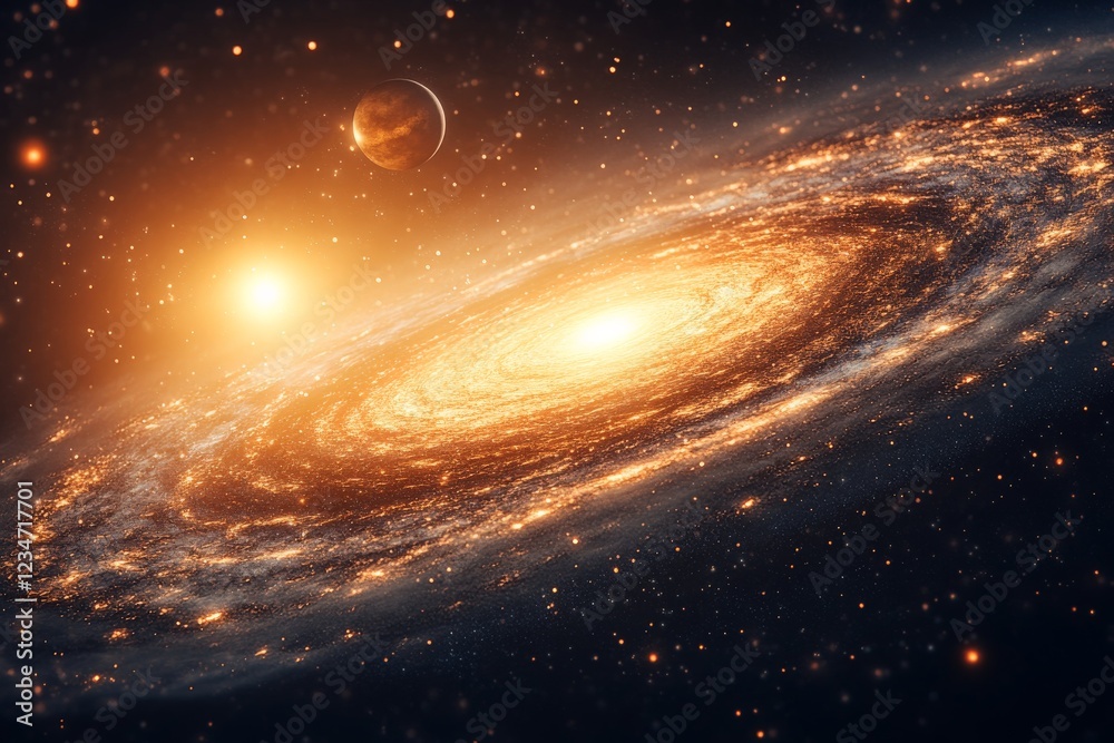 Poster stars and swirling galaxies create a cosmic spectacle in the vastness of space during a serene twili