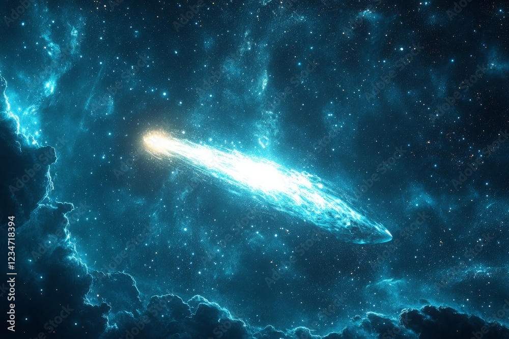 Poster Bright comet streaks through the cosmic background, illuminating the dark void of space in a stunning celestial display
