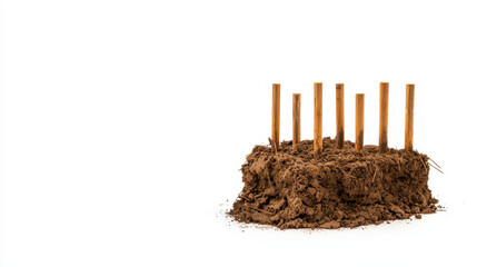 cement raft engineering design. construction site with soil and wooden stakes visible