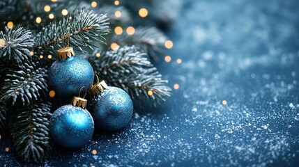 Christmas ornaments on a snowy surface with festive lights.