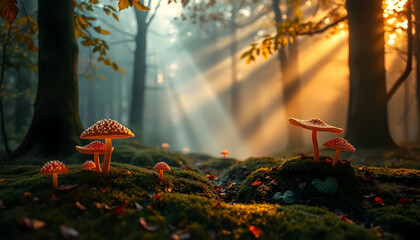 Magical forest mushrooms, vibrant red and yellow toadstools, glowing bioluminescent fungi, enchanted woodland, mystical atmosphere, dew drops, macro photography, shallow depth of field, dark teal back