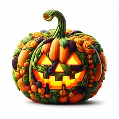 AI Generate of Halloween Pumpkin Jack-o-lantern with bats, skulls, crescent moon, spiders, stars, potion bottle, and eerie decorations, festive and artistic look. Isolated in white.