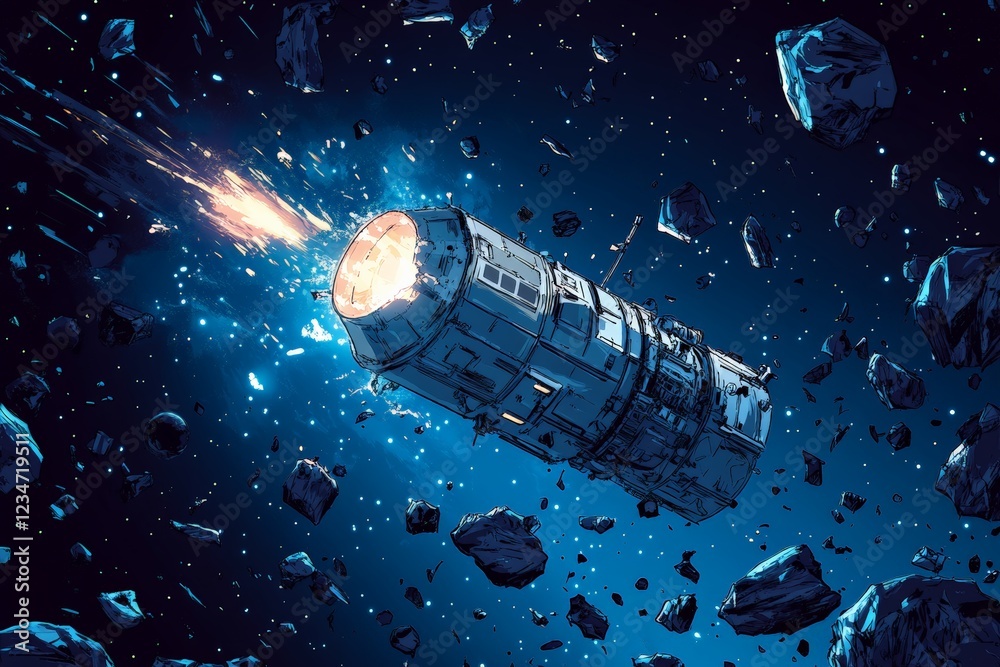 Aufkleber Rocket module navigates through an asteroid field, showcasing advanced space technology and thrilling dynamics of outer space exploration